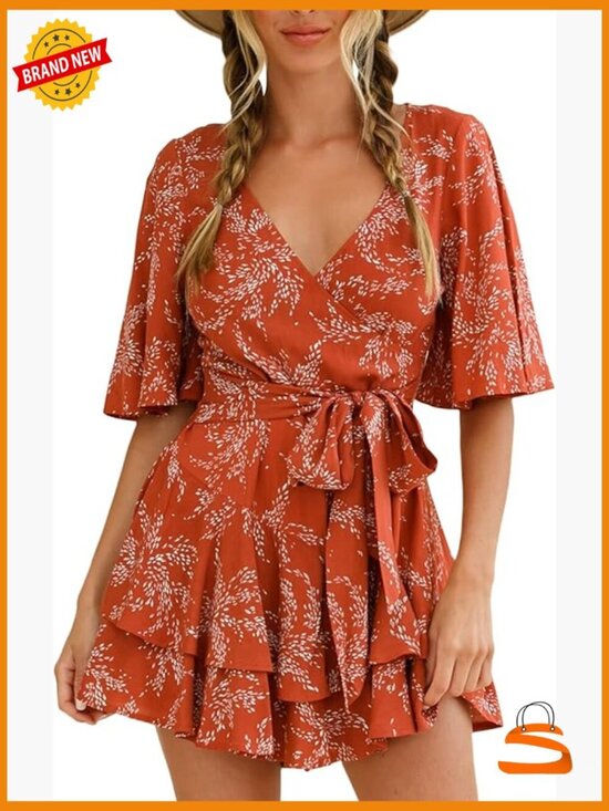 Pants - Short Flared Sleeve Romper Jumpsuit with Ruffle Hem